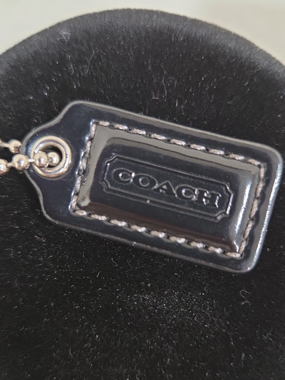 Coach Black Patent Leather Hangtag Key Chain with Silver Ball Chain